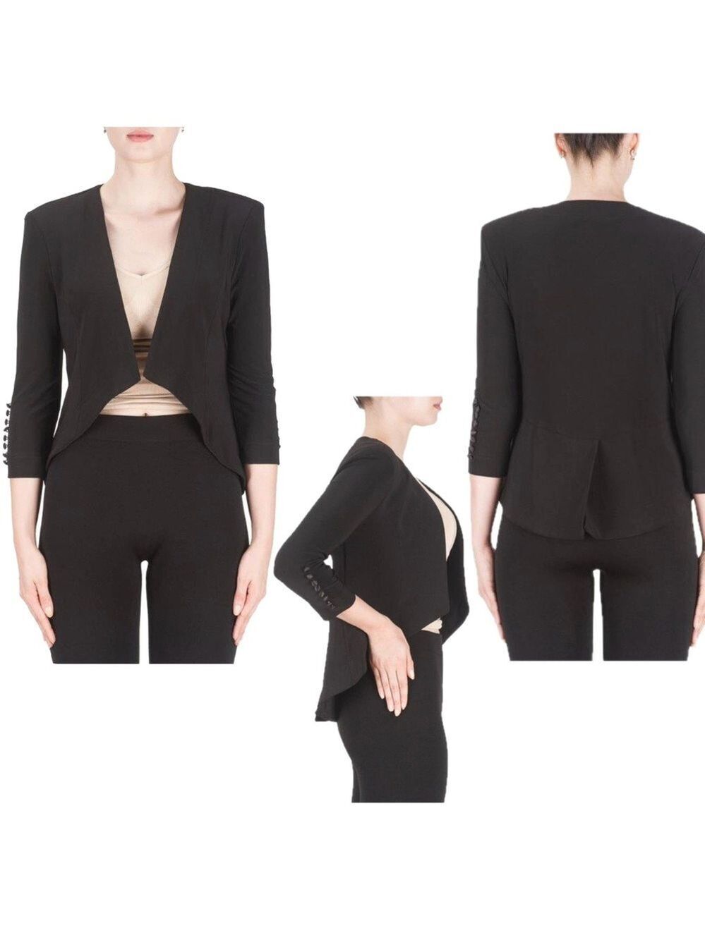 JOSEPH RIBKOFF OPEN FRONT BOLERO JACKET BLACK Sz 12 3/4 sleeve satin button